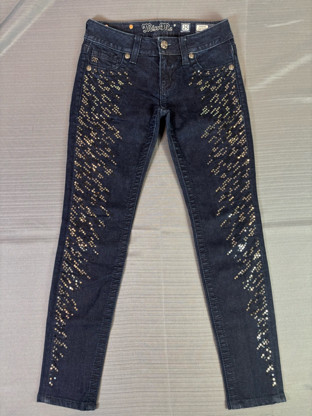 Miss Me Signature Super Skinny Jeans Womens 25 Dark Wash Sequin Embellished